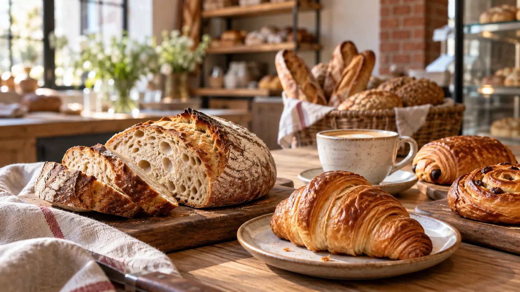 Roti dan pastry segar di meja bakery dengan cahaya pagi