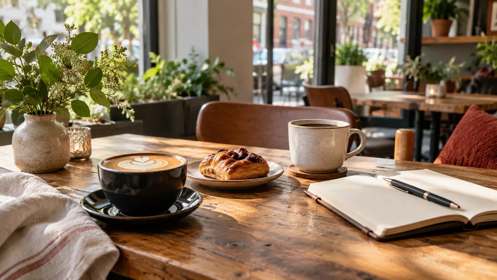 Kopi dan pastry di meja kafe dekat jendela
