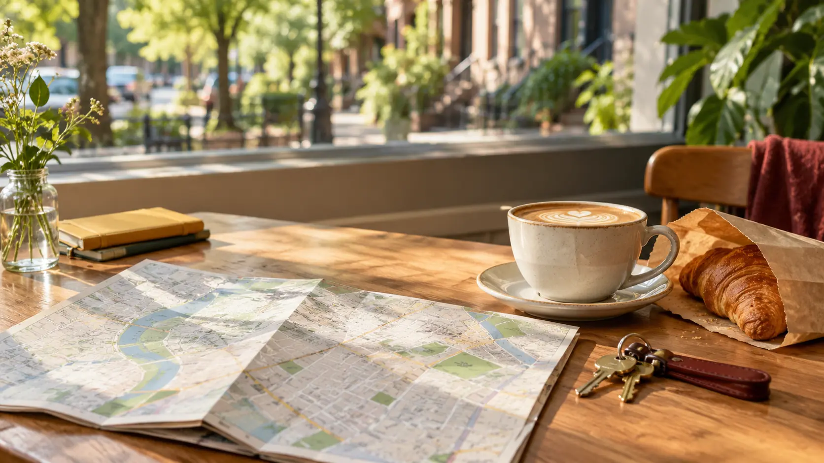 Kopi dan croissant di atas meja dengan peta menuju area kunjungan